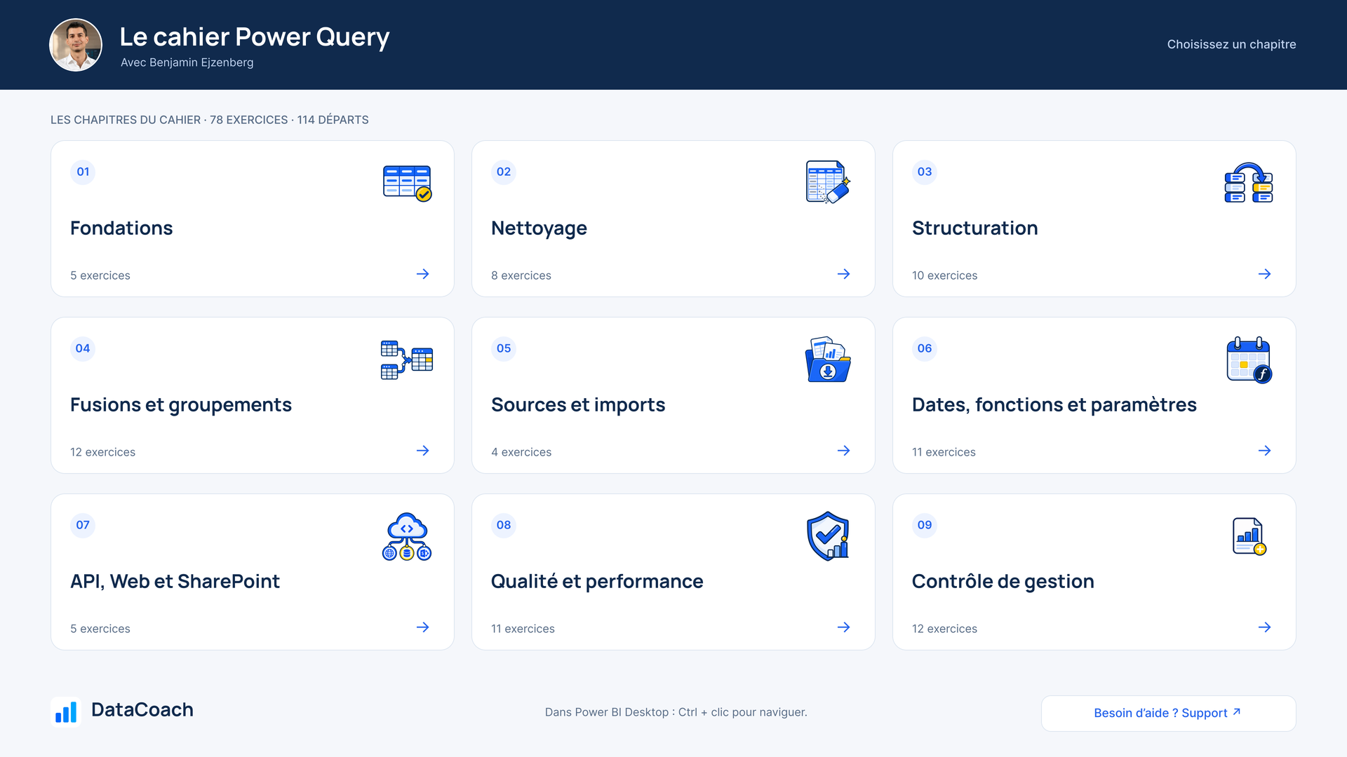 Accueil du cahier Power Query : les neuf thèmes de pratique