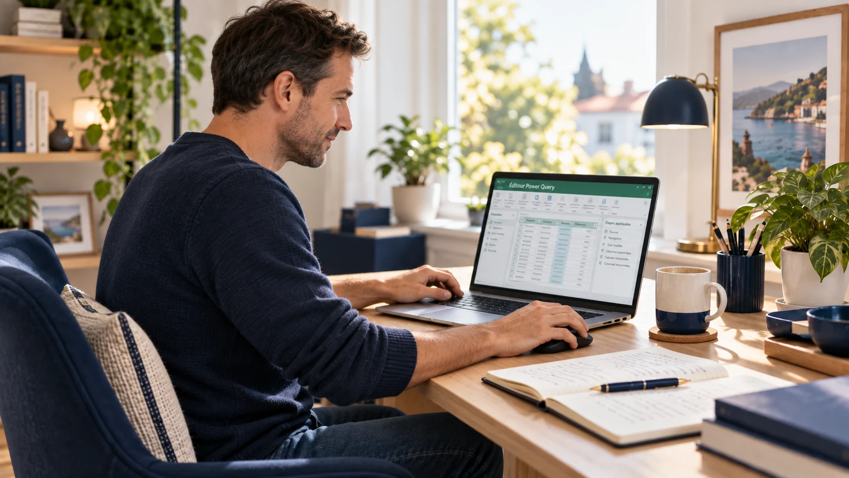 Un apprenant vérifie les étapes de sa transformation Power Query avec son carnet, scène illustrée